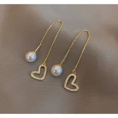 ピアス パール ハート ゴールド ロングピアス 揺れる チェーンピアス アシンメトリー ジルコニア CZ S925 シルバー925 金属アレルギー対応 韓国 オルチャン 上品 大人可愛い 結婚式 パーティー レディース ギフト 新品