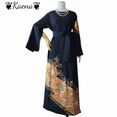 着物リメイク ロング袖スリットワンピース  黒留袖 Aライン マキシ丈ドレス 作家物 正倉院花鳥文 金銀彩ブラック 黒