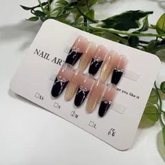 ネイルチップ ブラック フレンチ ピンク グラデーション リボン ビジュー 韓国 ちゅるん