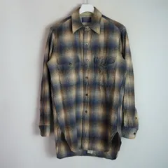 70S PENDLETON ペンドルトン OMBRE PLAID WOOL SHIRT オンブレ チェック ウール シャツ 長袖 ビンテージ 青茶系 サイズ15 2044Q★4