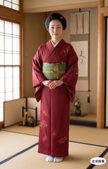 訪問着 えんじ色 色無地 着物4点フルセット（帯、帯締め、帯揚げ選べ