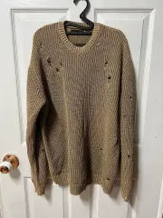 ザラ(ZARA) ダメージ リブニットセーター (カーキ)