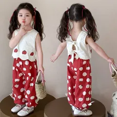 新品 セットアップ 上下セット 子供服 女の子 女児 小学生  タンクトップ ノースリーブ トップス 長ズボン ロングパンツ キッズ トップス トマト柄  ボトムス リボン 可愛い  おしゃれ カジュアル 90cm 100cm mliwe