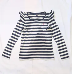 【218721】Polo by Ralph Lauren ポロ バイ ラルフローレン  長袖Tシャツ　ボーダー柄　袖フリル　コットン・レーヨン混合　サイズL  ・ ネイビー/ホワイト
