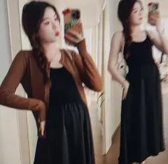 （海外配送）マタニティ服 ブラック キャミソールワンピース カーディガン セット