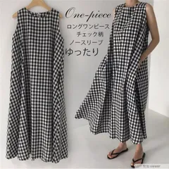 ギンガムチェック ロングワンピース ノースリーブ ゆったり Aライン 体型カバー 涼しい マキシ丈 大人可愛い