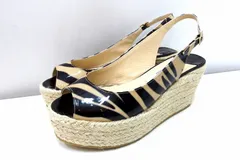 【225415】JIMMY CHOO ジミーチュウ  ゼブラ柄 ウェッジソール サンダル パテントレザー エナメル ジュート  ・36.5
