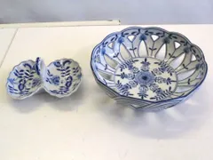 【225949】 タイ食器 青白磁 透かし焼き フルーツ/デザート鉢 バスケットボウル・仕切り皿セット ブルー|ホワイト
