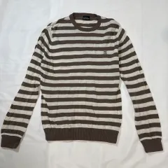 【230408】Marimekko マリメッコ  長袖ニット　セーター　コットン100％　ストレッチ　ボーダー柄　ロゴ　プルオーバー　M  ・ ベージュ/ブラウン