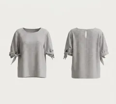 リボン結び半袖ブラウス グレー