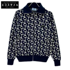 PRADA プラダ P25G60 18年 ﾌﾞﾙｰ×ﾎﾜｲﾄ ﾄﾗｲｱﾝｸﾞﾙﾛｺﾞﾌﾟﾚｰﾄ ｼﾞｬｶﾞｰﾄﾞﾊｲﾈｯｸ総柄ﾆｯﾄｼﾞｬｹｯﾄ 38