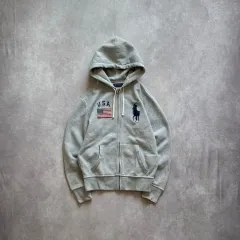 POLO RALPH LAUREN ポロラルフローレン ビックポニー USA 星条旗 パッチ 起毛 フード ジップアップ グレー