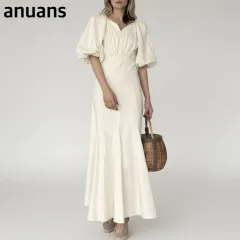 アニュアンス anuans リネンコットン ワンピース ロング マキシ パフスリーブ ボリューム袖 ギャザー フレア Vネック アイボリー エクリュ Sサイズ デート リゾート お呼ばれ 春 夏 上品 清楚 きれいめ エレガント 美品