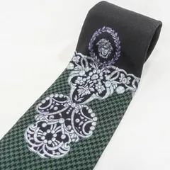 VERSACE ヴェルサーチ ネクタイ シルク 千鳥柄 メドゥーサ グリーン ブラック 総柄 メンズ ビジネス フォーマル 大剣幅9.5cm イタリア製 高級ブランド 正規品 中古美品 スーツ 結婚式 入学式 卒業式 通勤 紳士小物 プレゼント 父の日 礼装用