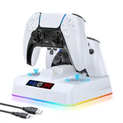【即日発送】過充電防止 LED指示ランプとRGBライト付き 置くだけ充電可能 USB-Cケーブル付属 2台同時急速充電 PS5 PS5 周辺機器 充電スタンド ホワイト コントローラー