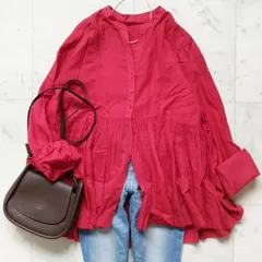 【グリーンレーベルリラクシング】長袖ブラウス レッド 手洗い可 チュニック