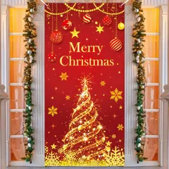 【人気商品】イベント クリスマスバナー クリスマスタペストリー フォトポスター 飾り付け パーティー タペストリー 飾り 背景布 クリスマス 180x90cm（ゴールドクリスマスツリー）のサムネイル