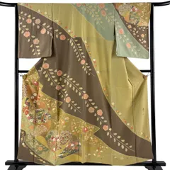 訪問着 身丈158cm 裄丈64.5cm M 袷 松井青々 落款 菊 桜 金糸 絞り 茶緑色 正絹 逸品 一つ紋 【中古】のサムネイル