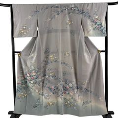 訪問着　正絹　ブルーグレー　絞り　友禅染　中古　丹後ちりめん　【mm234】 訪問着 ライトグレー 七五三 正絹 友禅染 絞り 花 中古 丹後ちりめん