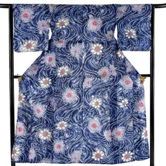 【美品】 浴衣 身丈152cm 裄丈65cm M 絞り浴衣 花 流水 青 綿 名品 【中古】