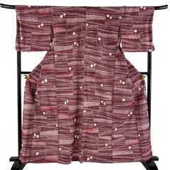 浴衣 身丈159cm 裄丈69.5cm L 絞り浴衣 幾何学模様 赤紫 綿 名品 【中古】