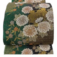 袋帯 振袖帯 御所車 菊花 梅花 扇 グリーンカラー 金糸 着物 053tz 
