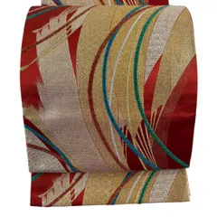 袋帯 秀品 扇子 有職文様 箔 ラメ糸 朱色 六通 正絹 【中古】