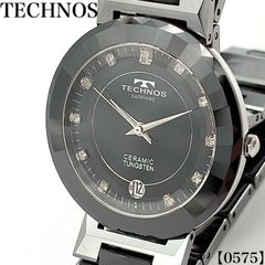 良品 TECHNOS メンズ腕時計ブラック 11Pクリスタル セラミック スイス 
