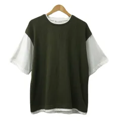 イッカ ikka Tシャツ カットソー ラウンドネック プルオーバー ワッフル レイヤード風 五分袖 XL 緑 白 グリーン ホワイト