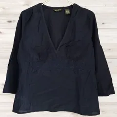 B2098 エディーバウアー Eddie Bauer ブラウス シャツ 長袖 七分袖(PETITE 8)  ネイビー系 Vネック コットン 綿100 無地 シンプル ミニマル ノームコア 着回し 刺繍のサムネイル