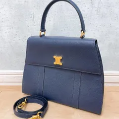 【入手困難品】CELINE セリーヌ トリオンフ レザー 本革 2way ショルダーバッグ ハンドバッグ ネイビーブルー 青 ゴールド金具 ロゴ ヴィンテージ  オールドセリーヌ レディース フォーマル ショルダーストラップ