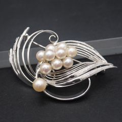 ヴィンテージ SILVER 刻印 本真珠 アコヤパール ブローチ リーフ 花
