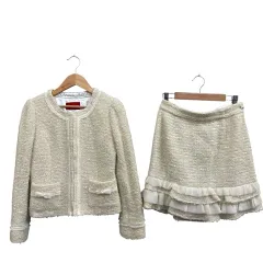 アプワイザーリッシェ Apuweiser-riche スカートスーツ ラメ リボン フリル 丸首 アイボリー クリーム色 サイズ１ S相当