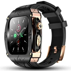 高級メタルケース Apple Watch 9 8 7 45mm 6 SE 44mmバンド カバー付き 高耐久 頑丈なケース シリコンストラップ 男性用 iWatch 6 5 4 SE 44mmフル保護カバー (ブラック - ローズゴールド)t c4ed27ce