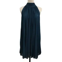 ストロベリーフィールズ STRAWBERRY-FIELDS ワンピース フレア プリーツ ミニ 無地 光沢 ノースリーブ 2 緑 グリーン