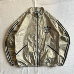 00s　archive　old adidas　万国旗タグ　トレフォイルロゴ　両面プリント　フルジップアップ　ナイロンジャケット　ブルゾン　光沢感　ゴールド　金　八の字ポケット　ロゴ入り立ち襟　袖口・裾ゴム　袖ライン　3 stripes　一点物　Y2K　テック