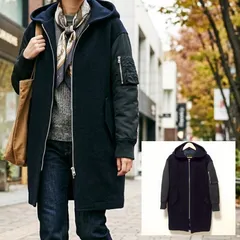 異素材切替デザイン【URBAN RESEARCH】アーバンリサーチ フーデッドコート ロングコート MA-1 スリーブ ウール混 メルトン ポリエステル ブラック 黒 レディース F フリーサイズ L相当 /M45566jQのサムネイル