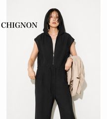 CHIGNON フードオールインワン 黒 ジャンプスーツ ノースリーブ ワイド 