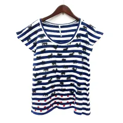 スナオクワハラ sunao kuwahara カットソー Tシャツ Uネック ボーダー 総柄  フレンチスリーブ M 紺 ネイビー /MNのサムネイル
