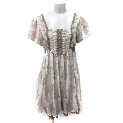 アクシーズファム axes femme ワンピース ひざ丈 シフォン スクエアネック 花柄 レース 半袖 M ベージュ /YI