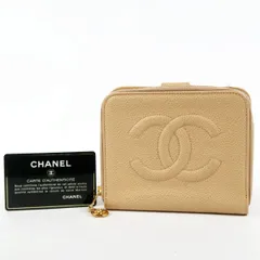 【美品】CHANEL シャネル キャビアスキン ココマーク 二つ折り財布 コンパクトウォレット ベージュ 小物【UN12】