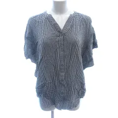 グローバルワーク GLOBAL WORK シャツ ブラウス ノーカラー チェック ドルマンスリーブ 五分袖 M ベージュ 黒 ブラック /AU