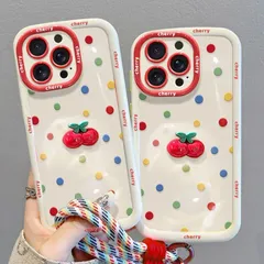 カラフルドット × 立体チェリー 携帯カバー ショルダーストラップ付き おしゃれ 韓国風 可愛い 大人気iPhone17/17pro/17pro max/iPhone16Pro/iPhone16/iphone15/14/13 多機種対応