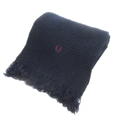 フレッドペリー FRED PERRY マフラー ニット ウール ONE 紺 ネイビー ワッフル織り フリンジ ロゴ刺繍 /AH5 ■GY59のサムネイル
