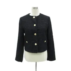 ザラ ZARA ノーカラーツイードジャケット XS 黒 ブラック ラウンドネック ミドル丈 /YS19 ■GY70