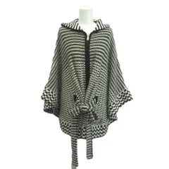 ポール＆ジョー PAUL&JOE ポンチョ ウール M 黒 ブラック 白 ホワイト フード付き ジップアップ ストライプ柄 幾何学模様 /NP ■ECE004