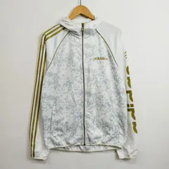 adidas アディダス トラックジャケット フード付き パーカー ジャージ 花柄 総柄 ラメ ゴールド フルジップ メンズ adidas originals トレフォイル 3ライン 刺繍 ハイネック Y2K 平成 スポーツ ウェア ホワイト M D758