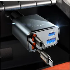LISEN 車 充電器 巻き取りしがーソケット usb【2026年新・PD45W急速充電・最小4in1】シガーソケット USB-C + USB-L PD3.1/QC3.0/PPS対応 80cmケーブル カー用品 便利グッズ 車内
