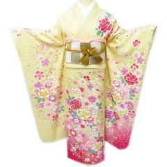 振袖 成人式着物一式黄色とピンクの花柄袴付きフルセット長襦袢小物 