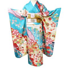 成人式正絹振袖フルセット 美品 金彩 染め分け 水色 豪華 華やか 上品